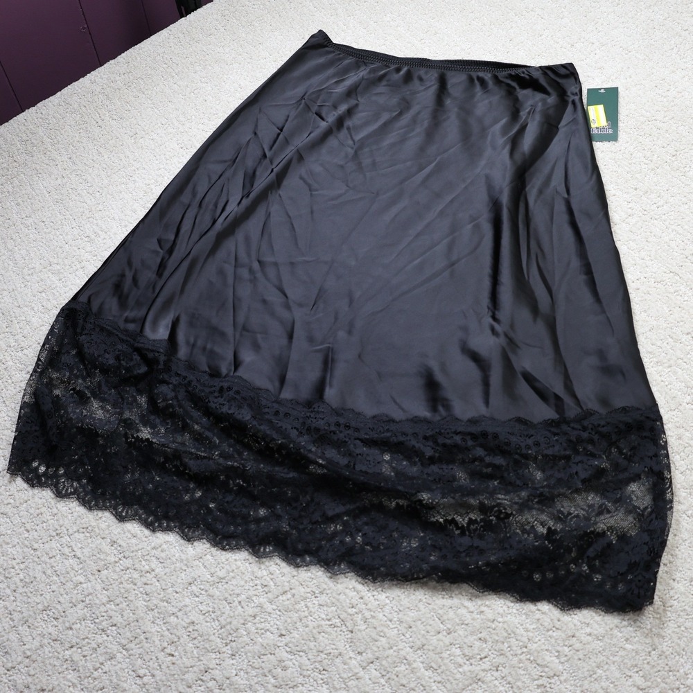 Wild Fable Black Satin Lace Trim Midi Skirt Medium NWT A-line Elastic Waist